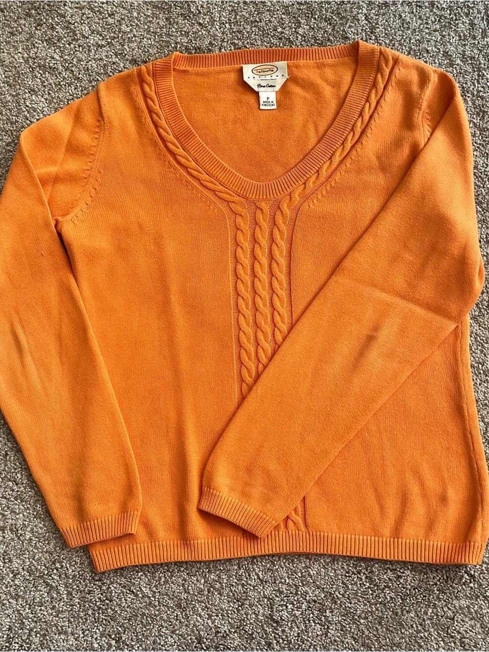 Talbots Wonens Petite Cantaloupe Orange Cable-Front V-Neck Sweater